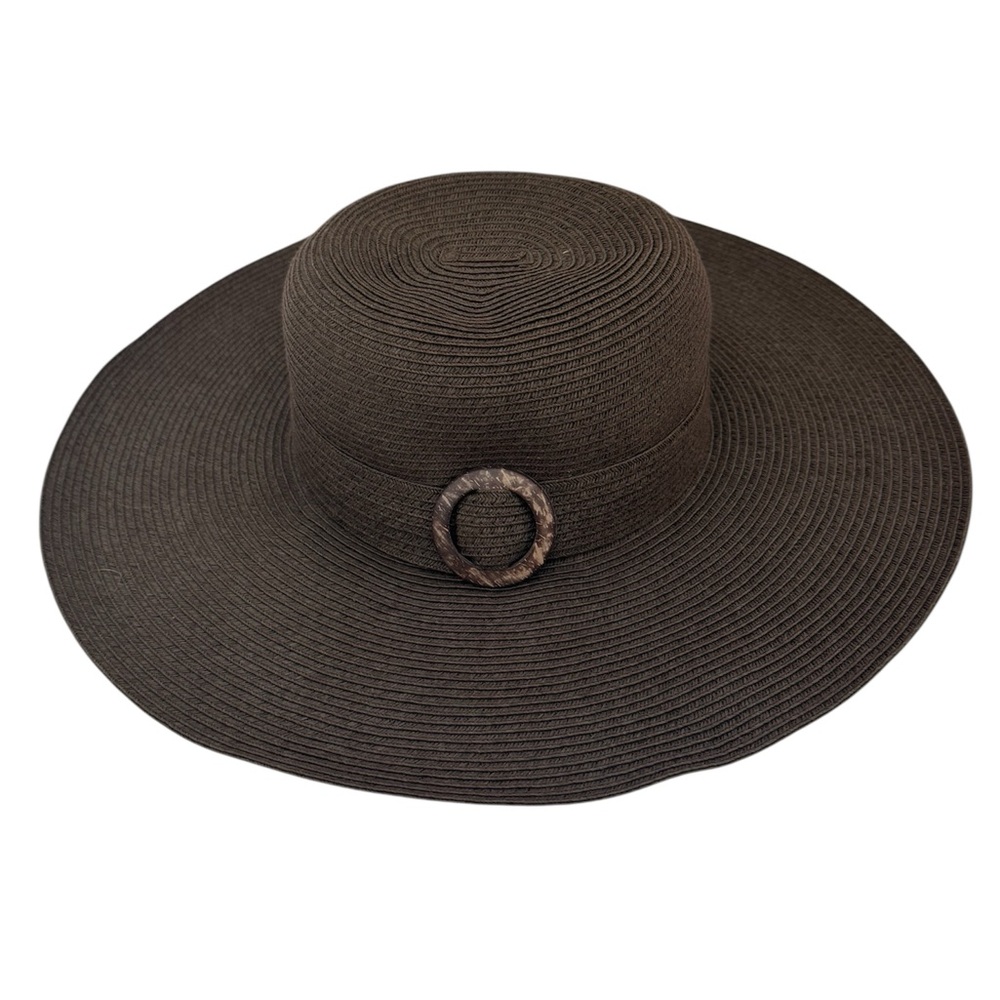 Vintage Brown Wide Brim Raffia Straw Hat with Decorative Buckle